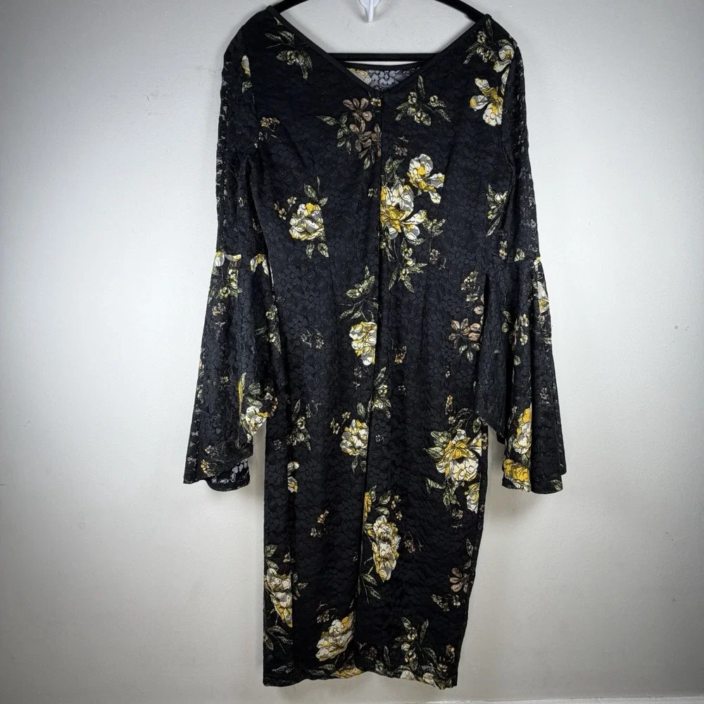 VFSHOW Women's Large Mesh Floral Dress Black Yellow Bell Sleeve Midi Career‎